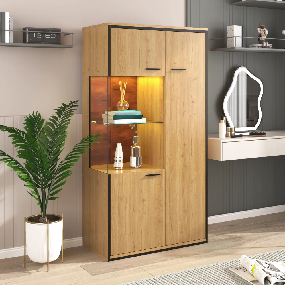 Vitrine moderne 150x77,5x40cm, vitrine à motif bois avec porte en verre, étagères en verre réglables, grande vitrine de rangement pour la décoration de la maison et du bureau