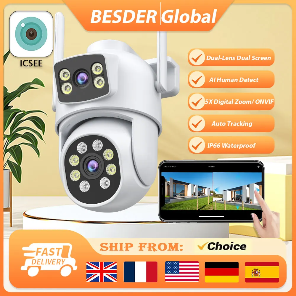 4K 8MP PTZ Wifi Camera HD 4MP Dual Lens AI Auto Tracking Outdoor CCTV Home Security IP Camera P2P ICSee App Wireless Camera