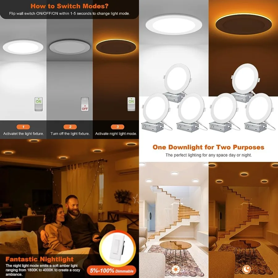 

Canless LED Recessed Lighting 6 Inch 6 Pack 5CCT Ultra-Thin Recessed Downlight Lights with Night Light Mode, 12W 1100LM Dimmabl