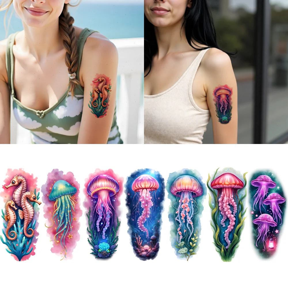 

12pcs Temporary Tattoo Waterproof Long-lasting Body Stickers Jellyfish Seahorse Realistic Temporary Tattoos Coral For Women