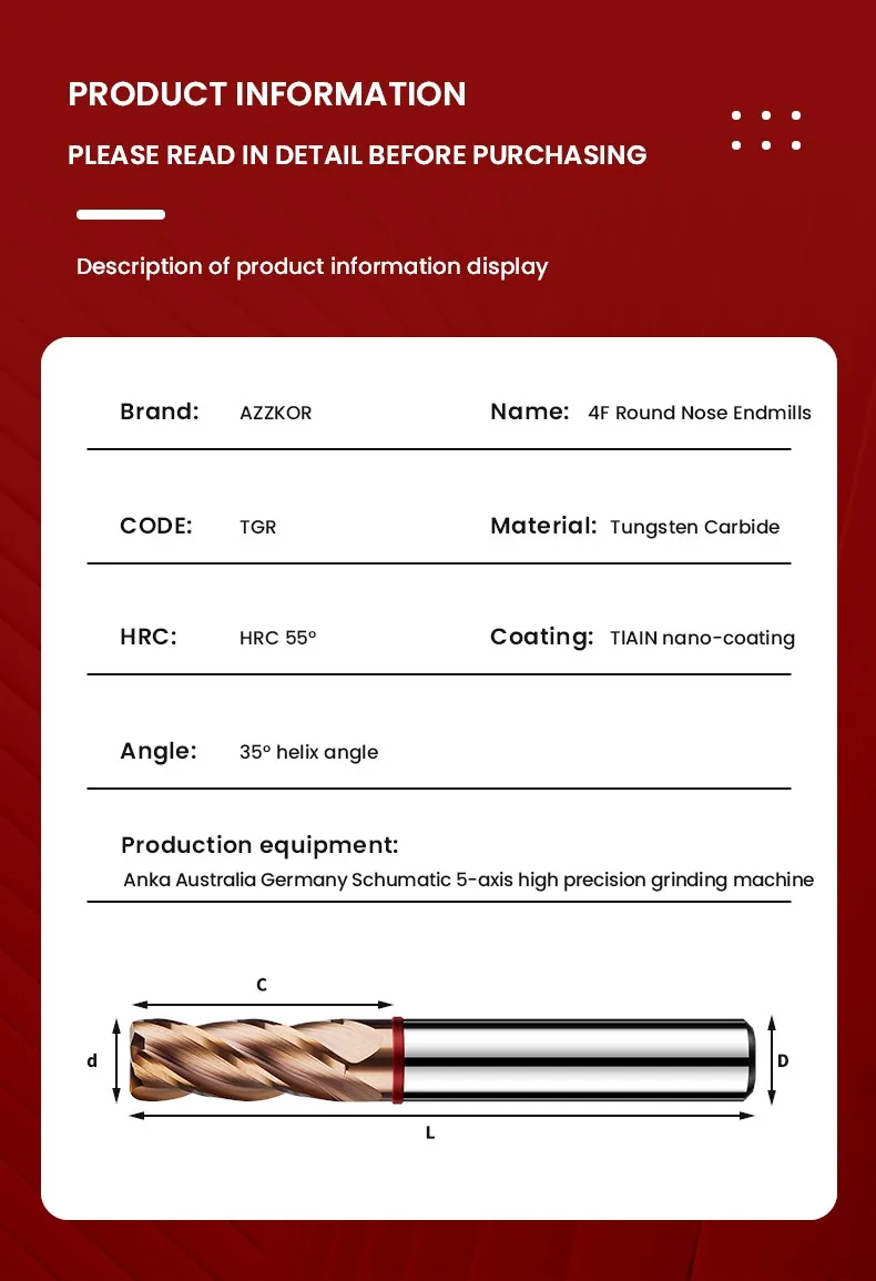 AZZKOR Hartmetall-Stahlfräser 4F Beschichtung CNC Mechanische Rundfräser Werkzeuge TGR-HRC55 – Detail 16