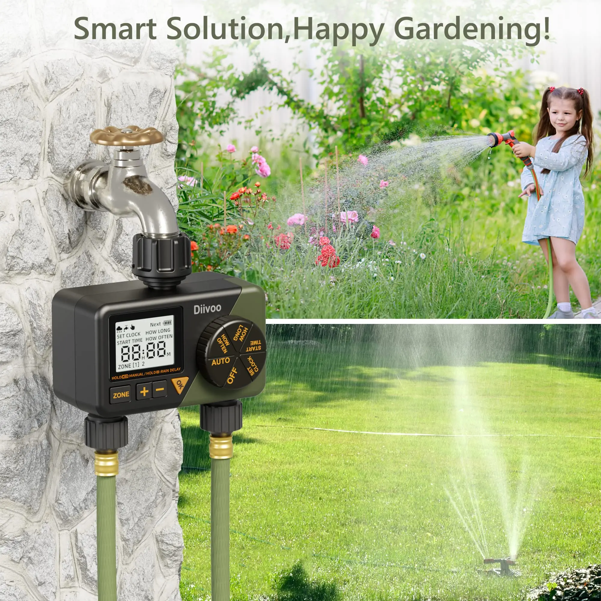 Diiivoo Watering Timer Garden Irrigation Waterproof Controller Automatic Garden Watering System Irrigation Timer 2 Outlet