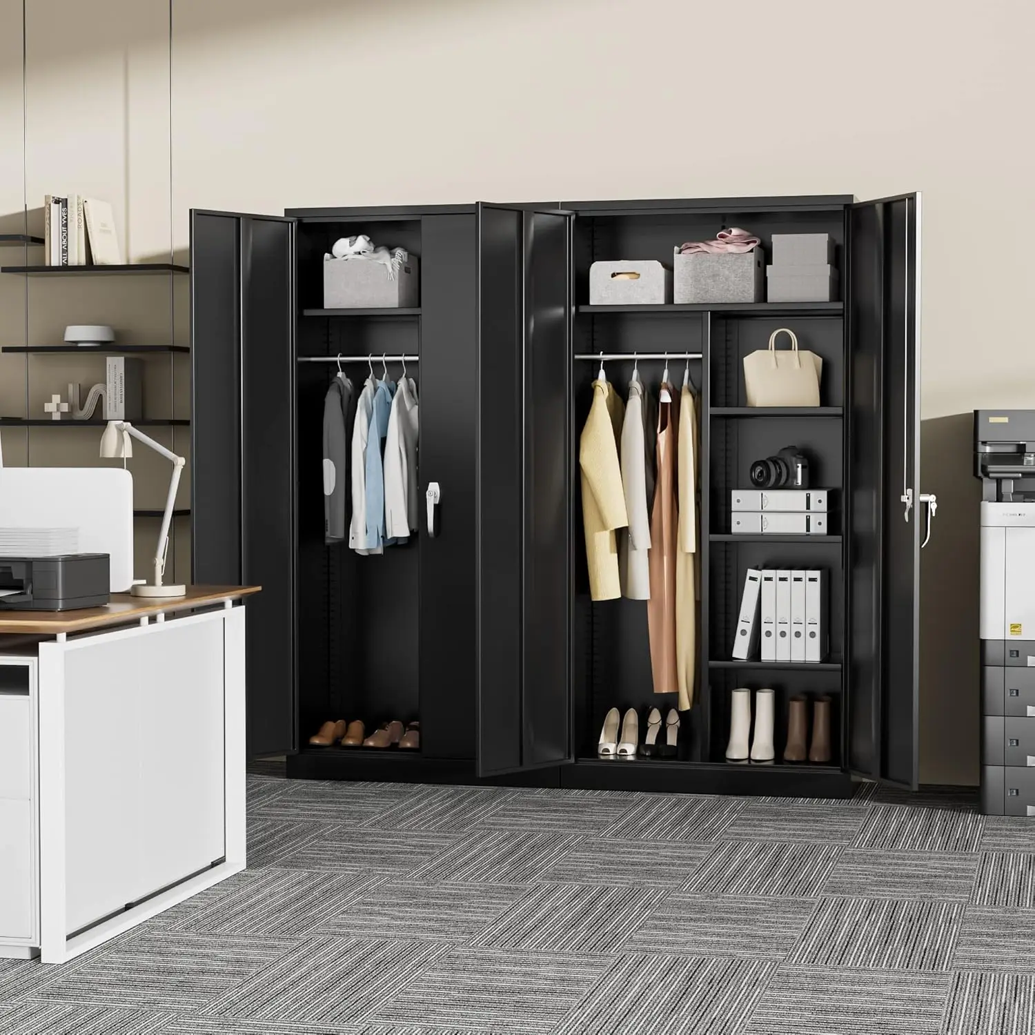 Metal Storage Cabinet with 2 Doors Black 72”Steel Storage Wardrobe Cabinet Employees Locker Closet Clothing