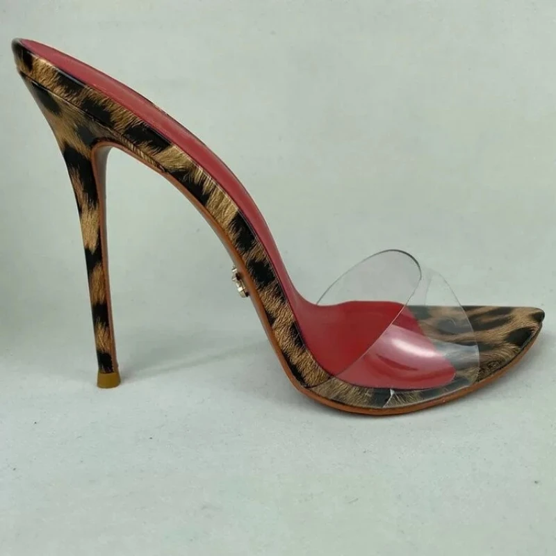 Yuejinlong 2026 Leopard Print High Heels 10cm 12cm Sexy Stiletto Mules Peep Toe Crochet Woven Sandals Plus Size Fashion Shoes