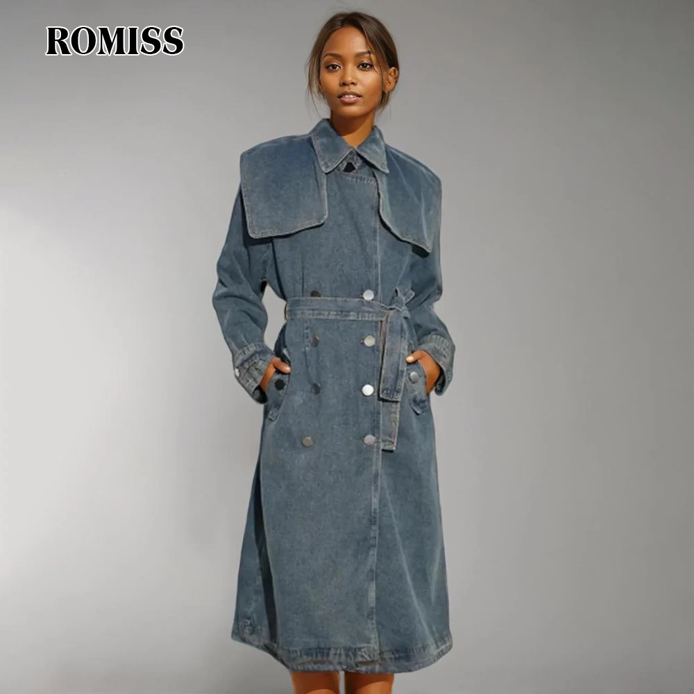 

ROMISS Patchwork Lace Up Casual Denim Windbreakers For Women Lapel Long Sleeve Spliced Double Breasted Temperament Trench Female