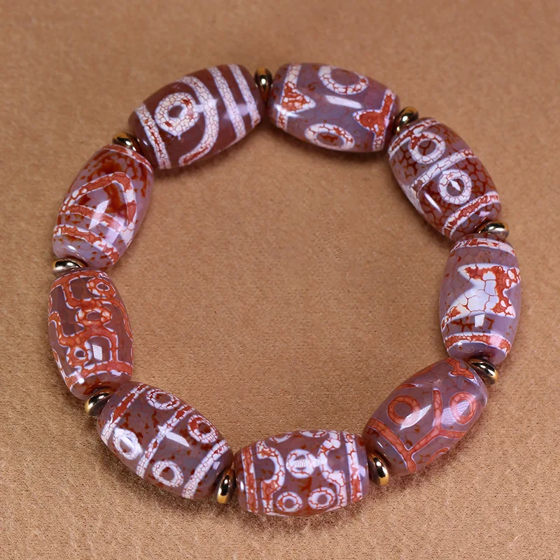 Tibetan natural authentic old mine raw agate Dalo fire-polished multi-gem Dzi bead bracelet, single strand 13x20mm