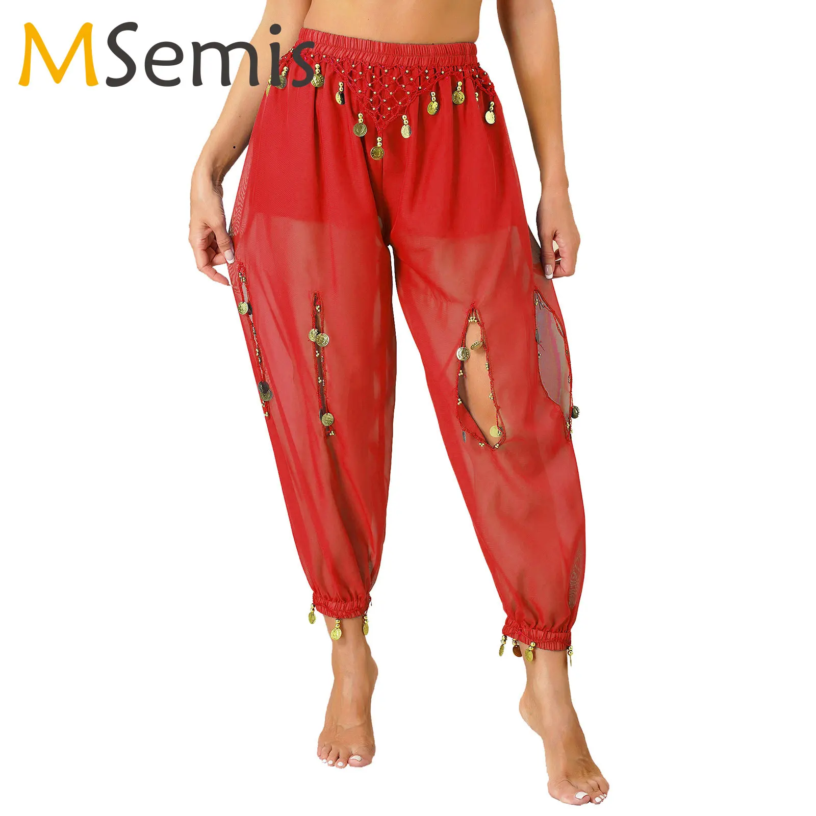 Women Belly Dance Bottoms See-Though Hollow Out Beads Coins Pendant Chiffon Bloomers Stage Performance Trousers Loose Dance Pant