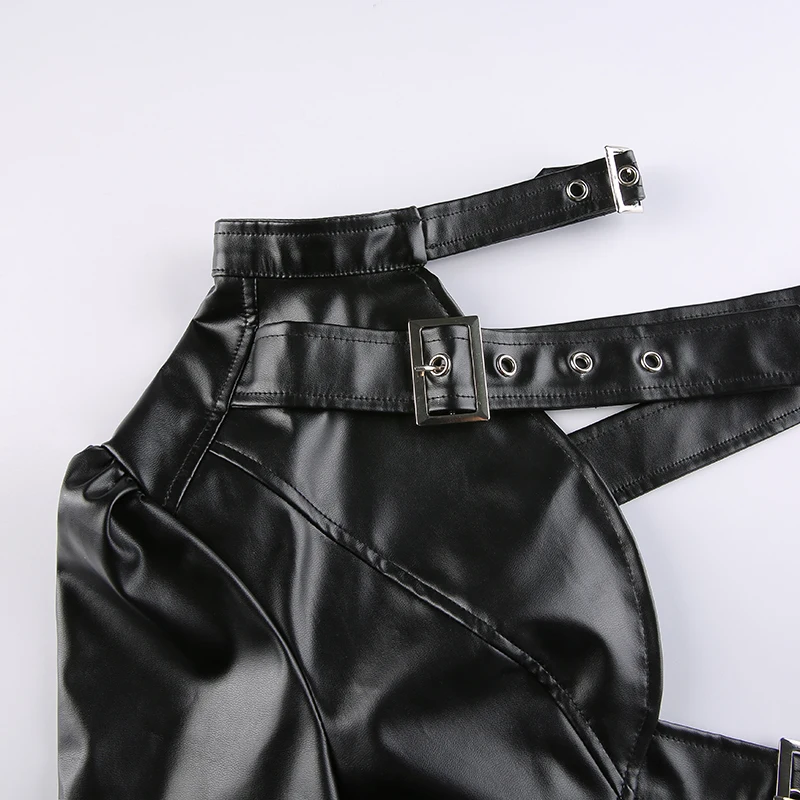 Metal Adjustment Buckle Leather Short Jacket Women Halter PU Leather Tops Slim Hollow Motor Vehicle Leather Jacket Fried Street