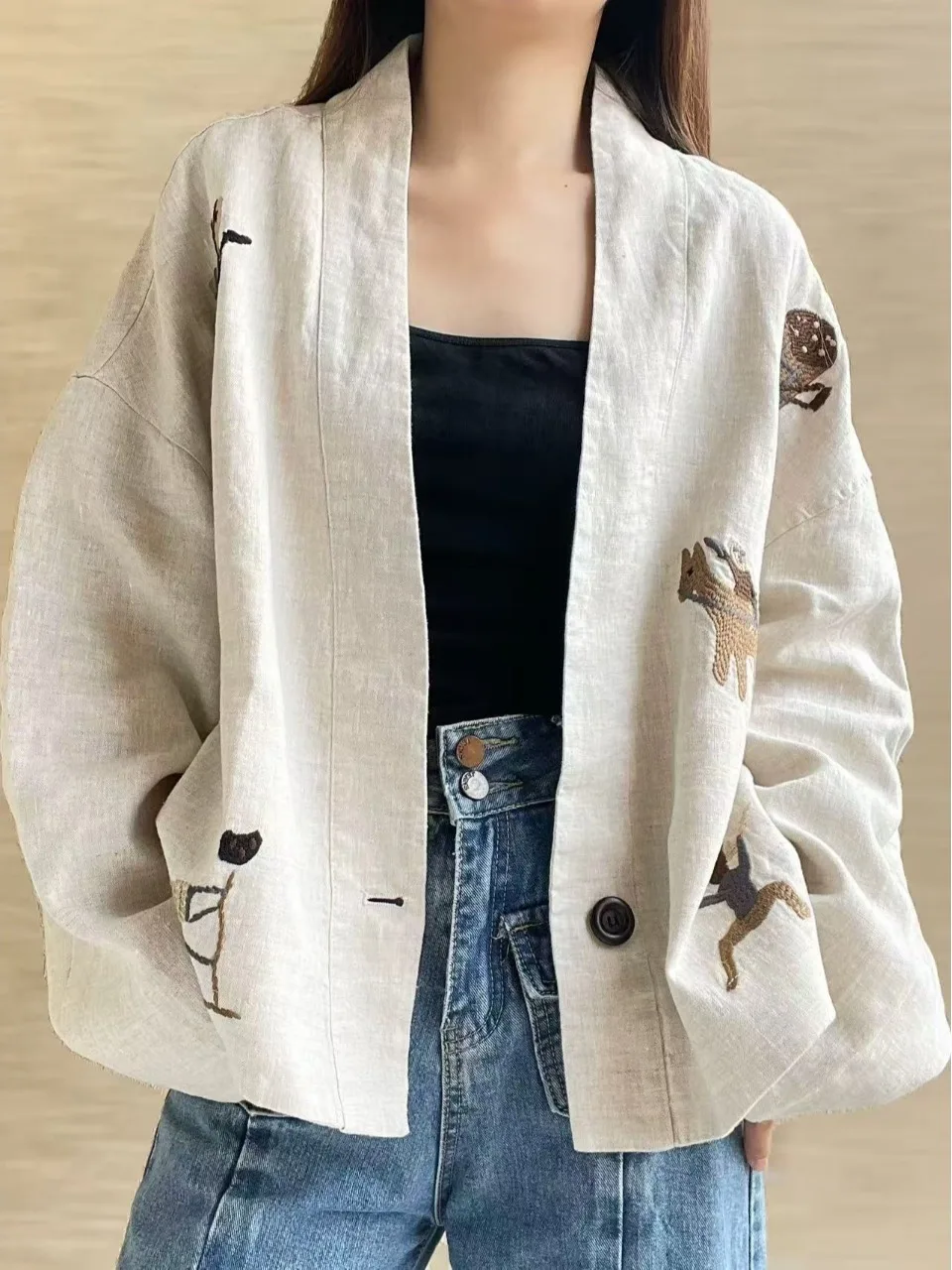 

Ele Embroidered Han Han Heavy Industry Jaet V-Ne Loose Fit Age-Defng Casual Outerwear for Women Autumn Season