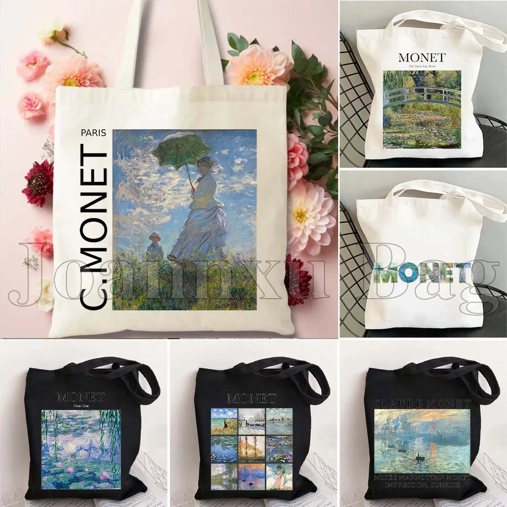 

Vintage Monet Collage Claude Monet Water Lilies Sunrise Painting Woman Girl Gift Canvas Printed Tote Bag Shopper Casual Handbag