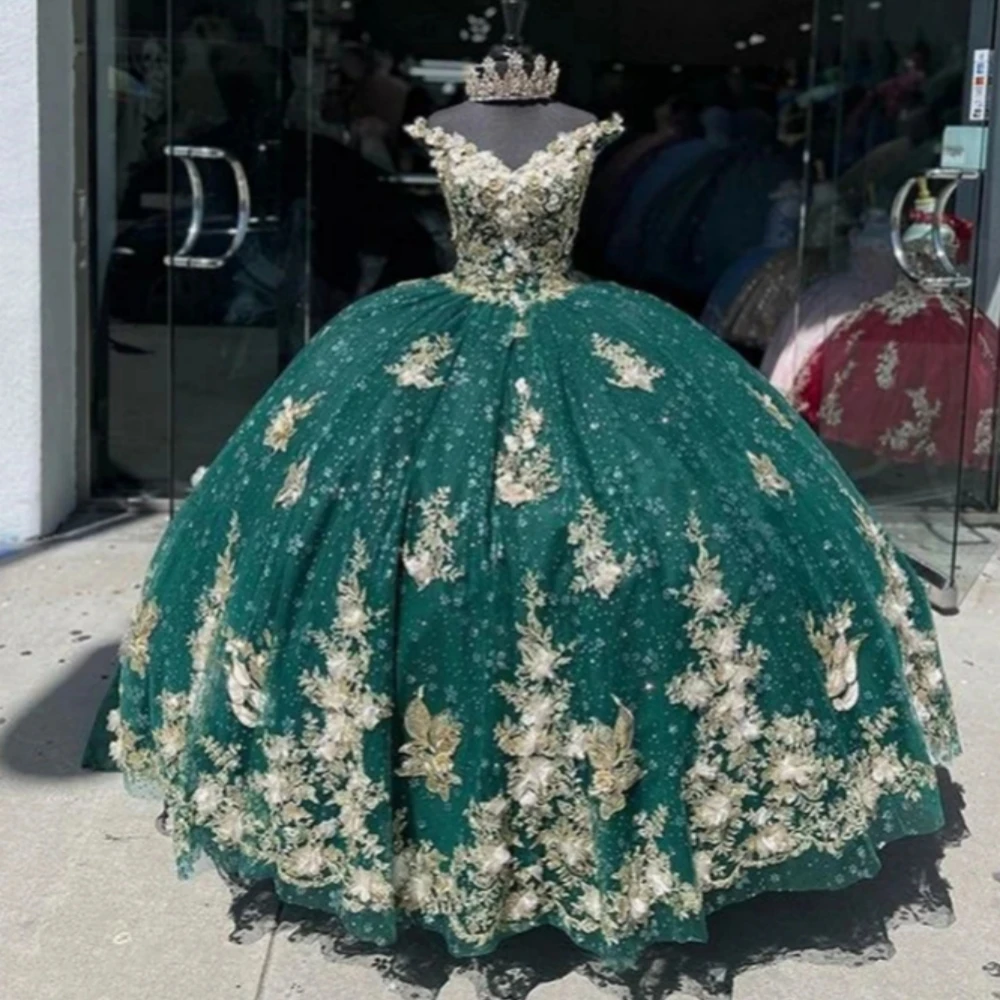 EVLAST-vestido De quinceañera verde esmeralda para niña, vestido De baile para niña De 16 Años, apliques dorados con cuentas, dulce 16 15, TQD004