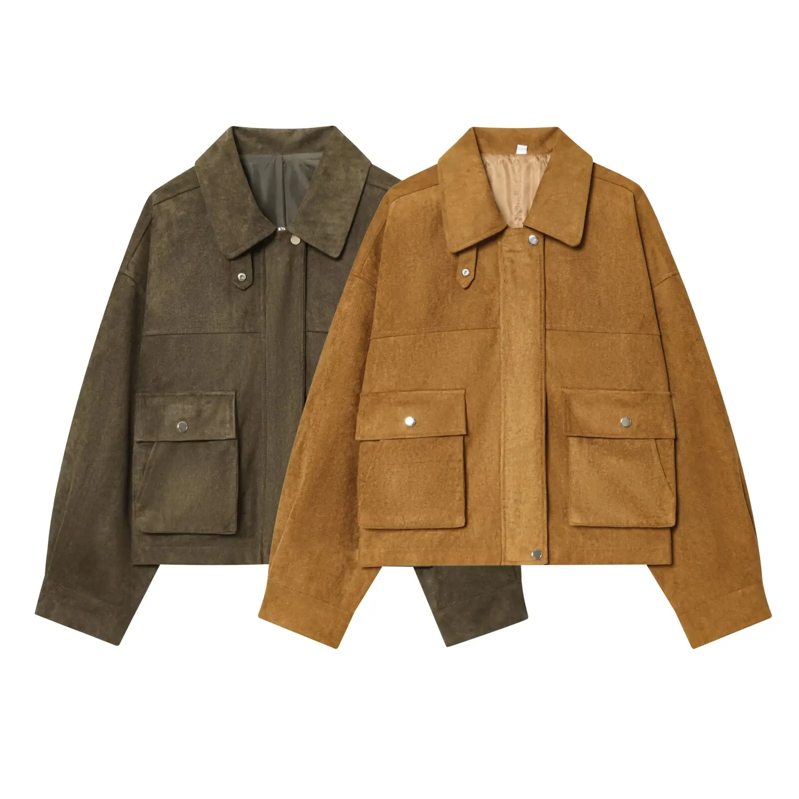 KASLEAD New Faionable Mixed Media Leather Pilot Jaet Women's Outerwear Loose Fit  Color Long Sve Zipper Closure