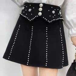 Vintage Preppy Style Autumn Winter New Women's High Waist Embroidered Flares Button Korean Fashion Short A-line Pleated Skirt