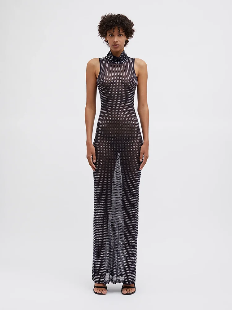 Robe Longue Transparente en Maille de Diamant pour Femme, Tenue de Soirée Sexy, Noire, Transparente, avec Perles, Slim, pour Boîte de Nuit