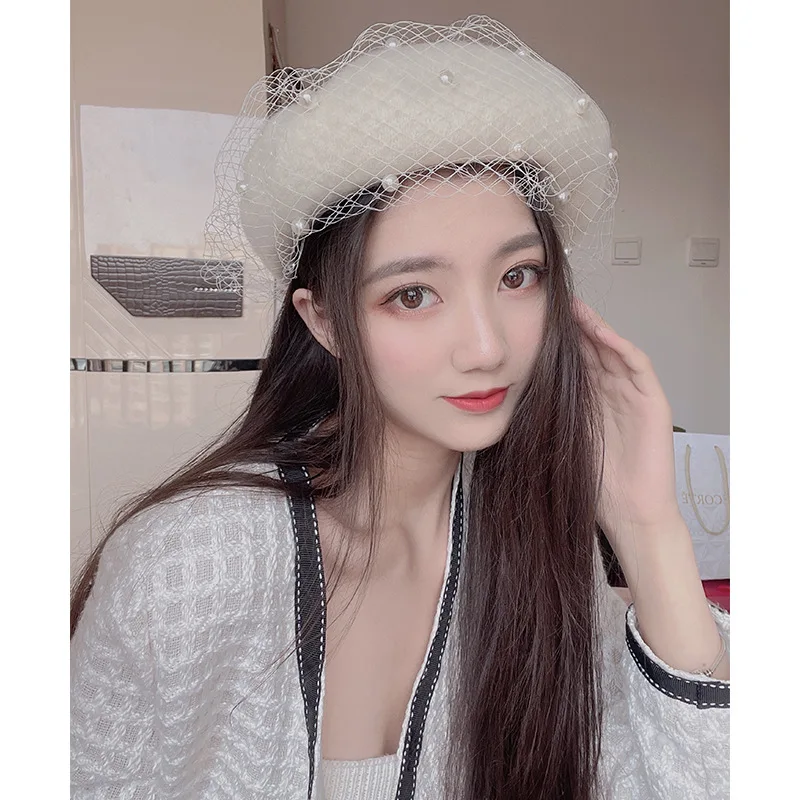 Elegant Women Mesh Veil Wool Beret Vintage French Painter Hat Autumn Winter Female Beanie Pumpkin Lady Warm Walking Berets Caps