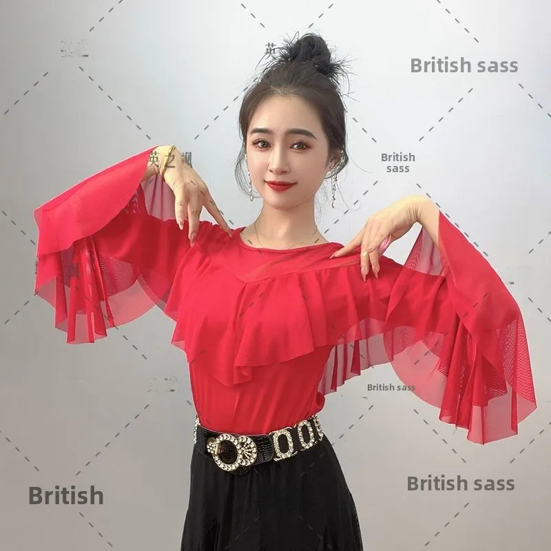 

Осенний новый женский танцевальный костюм Long Sve round Ne, топ для современного танца, эластичная спортивная одежда для выступлений, спортивная одежда