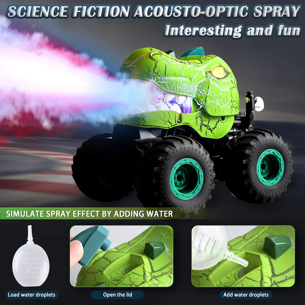 RC Dinosaur Car 2.4Ghz 360° Stunt Spray LED Lights Roaring Sound Rechargeable All Terrain Off-road Toy Gifts for Boys Girls New