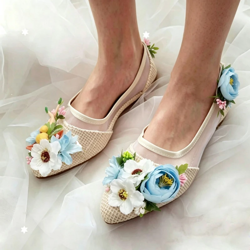 

Fairy Style Beauty Flower Decor Transparent Flats Wedding Shoes Clear PVC Patchwork Angel Evening Party Bridal Spring Shoes