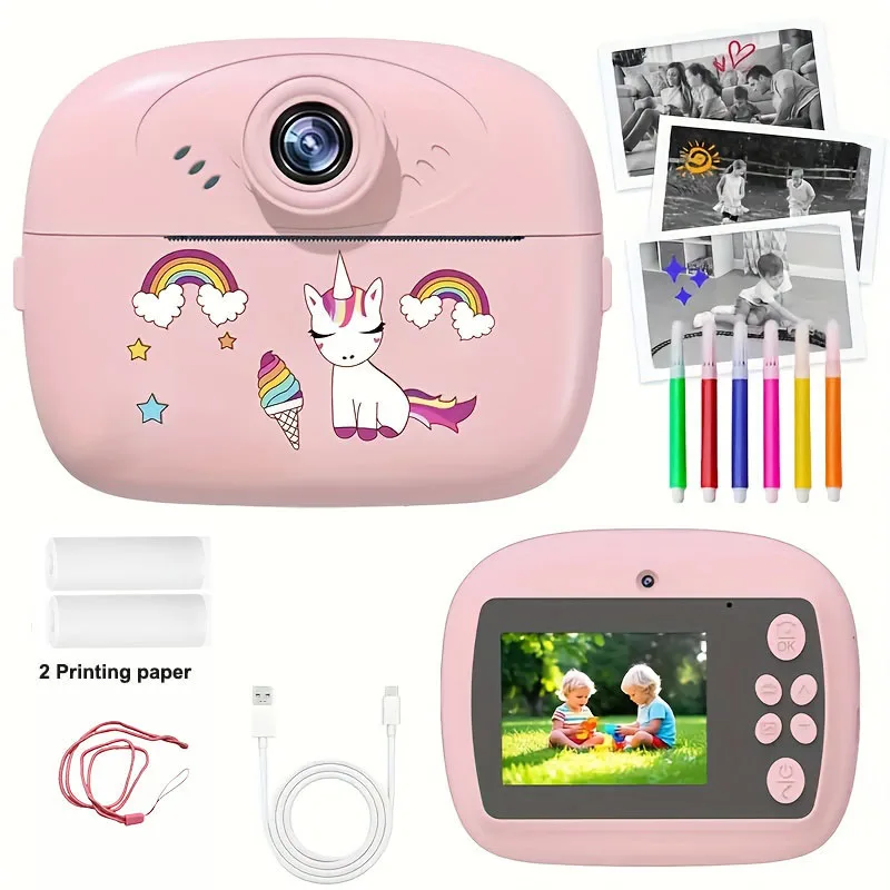 กล้องถ่ายรูปเด็กพร้อมพิมพ์ภาพทันที เครื่องพิมพ์ความร้อน กล้องวิดีโอแบบพกพา กล้องดิจิตอลอัจฉริยะเลนส์คู่ กล้องเซลฟี่ ของขวัญวันเกิดสำหรับเด็ก