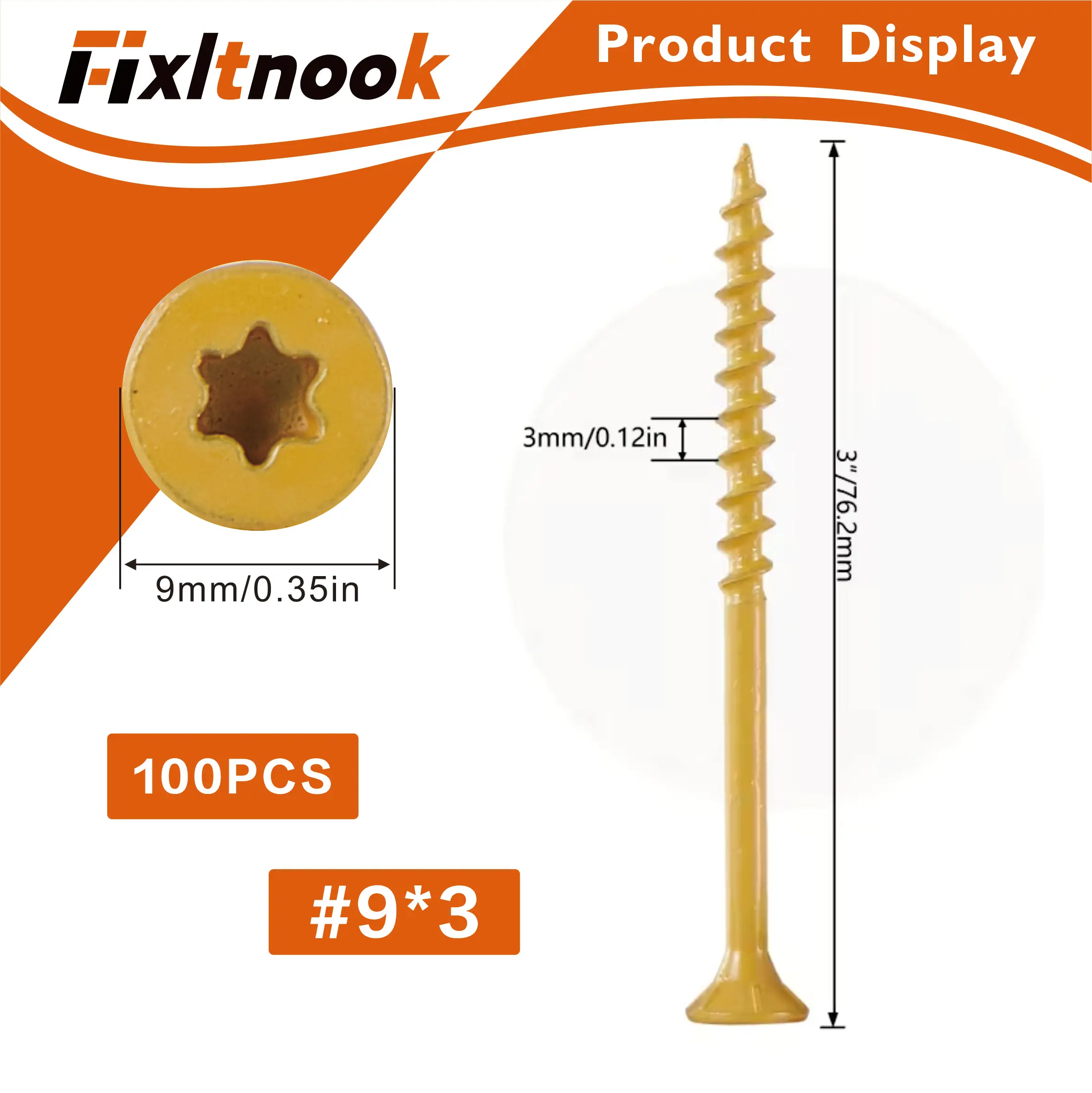 

100PCS， #9 * 3 "- Wood screw combination, carbon steel, flat head, hexagonal drive, anti-corrosion coating