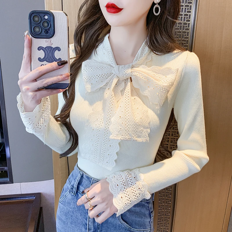 

Elegant Fashion Long Sleeved Knitted Shirt Autumn Winter Sweet Women Slim Bow Tie Patchwork Lace Pullovers Sweater