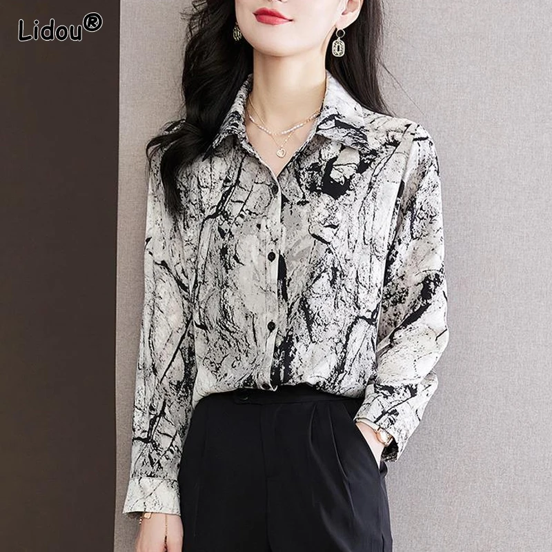 Spring Summer Straight Vintage Streetwear Blouses Button Turn-down Collar Tie Dye Women's Clothing Thin Diablo Casual Fashion