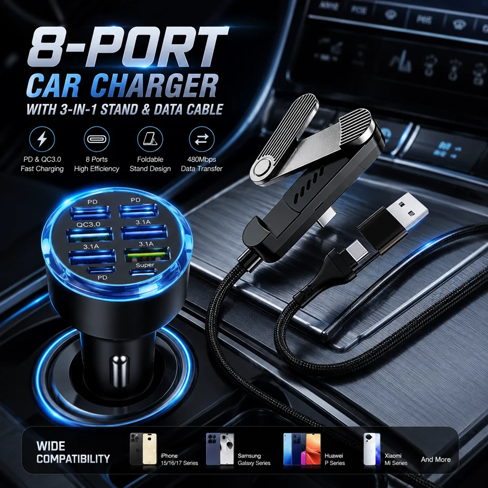 8 Port Car Charger with 3-Fold Stand Data Cable, PD QC3.0 Fast Charging USB C Car Phone Charger Adapter for iPhone 17 16 Samsung