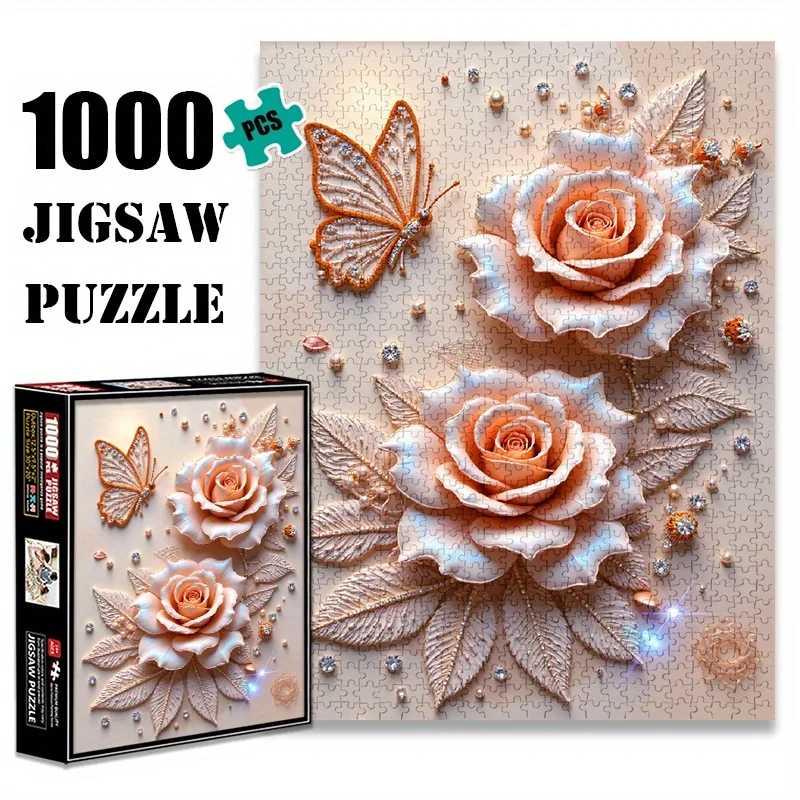 1000 قطعة من أحجية الصور المقطوعة - تصميم زهور الورد المطرزة مع خرز متلألئ، مقاوم للخدش وجودة عالية، مستطيل كبير
