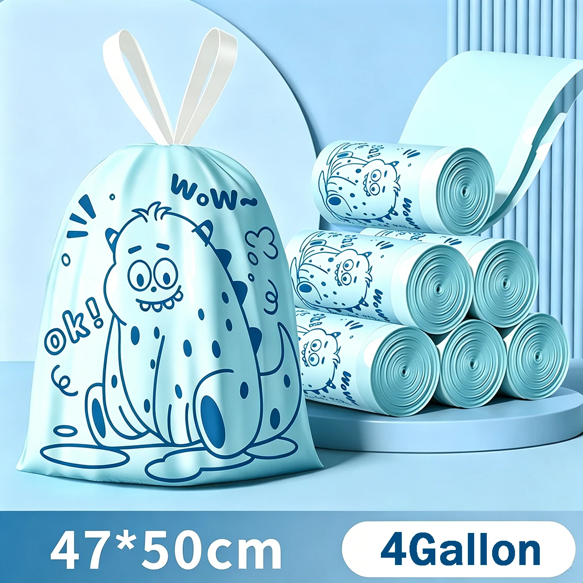 50 sacs poubelles bleus à motif dinosaure, résistants aux déchirures, adaptés à la cuisine, la chambre à coucher et le salon