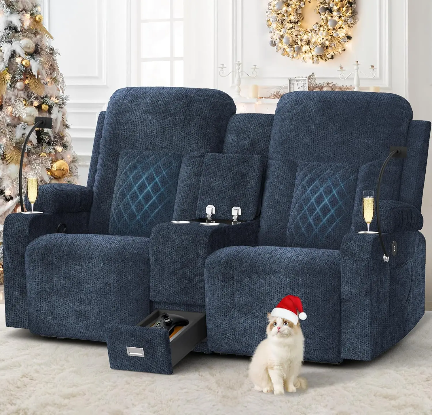 Fabric Loveseat Recliner, Reclining Loveseat Sofa with Storage Console, Recliner Chair with USB Ports, 2 Cell Phone Hold