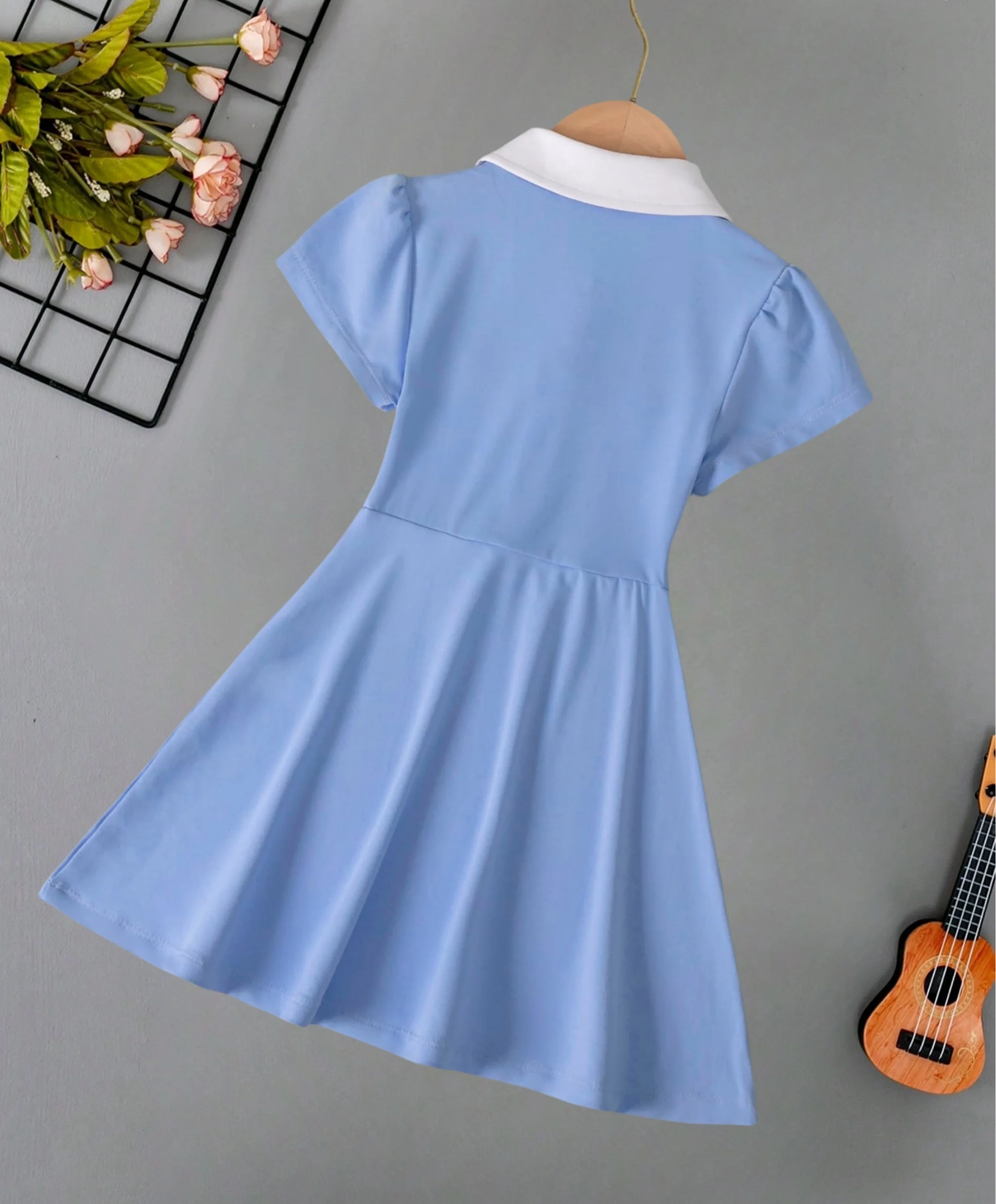 Sweet preppy color contrast patchwork lapel fake pocket short sleeve A-line skinny POLO dress Summer kids girls