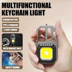 Mini portátil LED Keychain lanterna, built-in 500mAh bateria, tipo-c carregamento, acampamento ao ar livre, martelo de segurança de emergência, lâmpada de trabalho