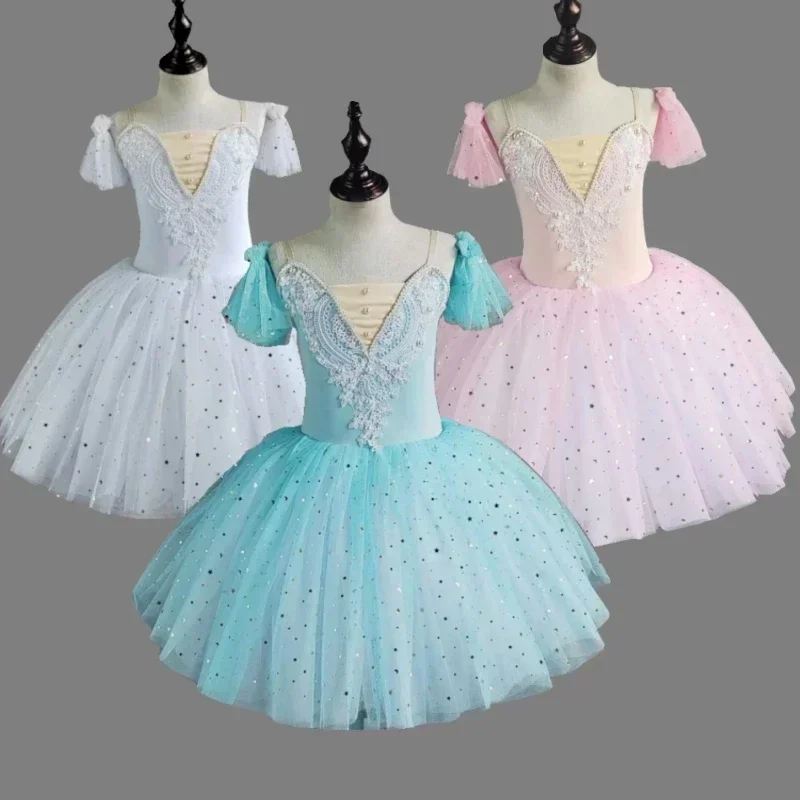 

Бело-розовое балетное платье с блестками, тюль, танцевальные костюмы «Лебедь», детская одежда принцессы для девочек, балетная пачка, длинное платье