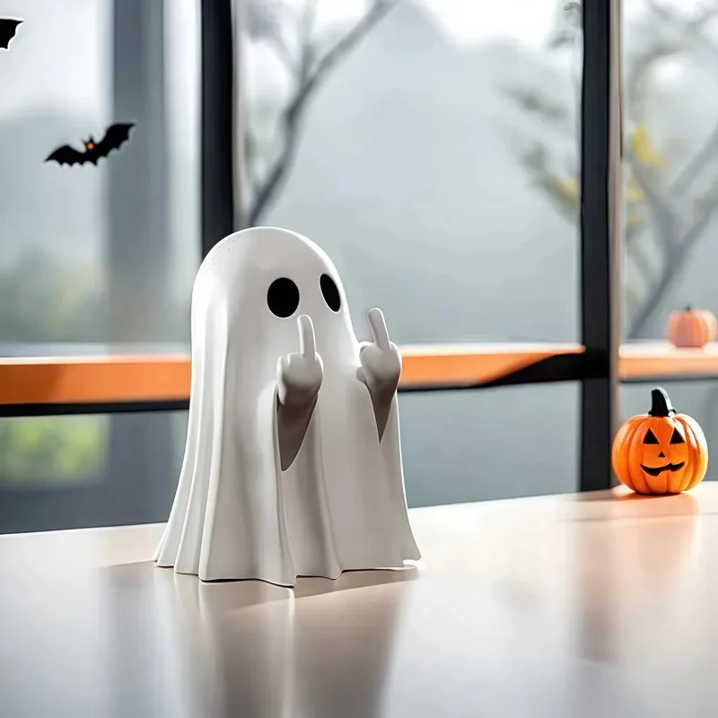 Funny Middle Finger Cute Ghost Resin Statue Mini Spooky Ghost Figurines Halloween Home Decor Coffee Table Shelf Display
