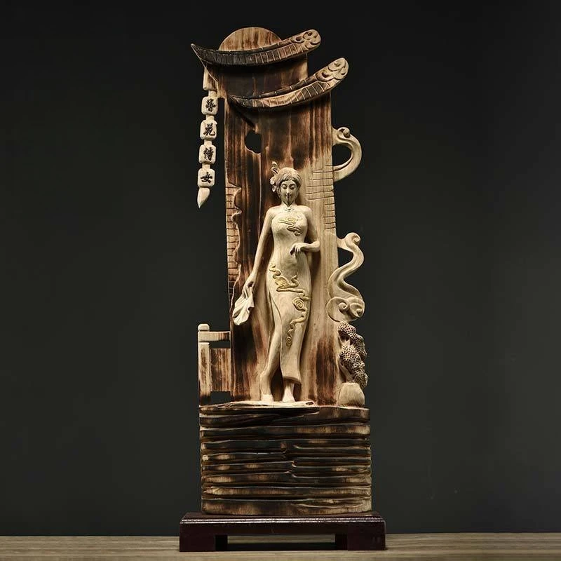 Camphor wood carving lady ornament solid wood handicrafts household collection