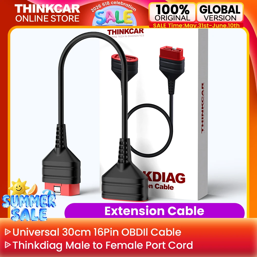THINKCAR THINKDIAG Cable de extensión Universal OBD2 de 16 pines para todos los coches, conector extendido de diagnóstico de coche de 60cm de longitud para BT200/PRO
