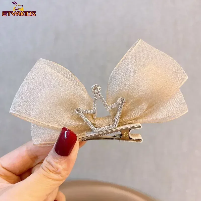 Korean Gauze Children Bow Hair Pin 3D Princess Crown Hair Pin Birthday Photography Headwear Sweet Girls Kids Hair Accessories