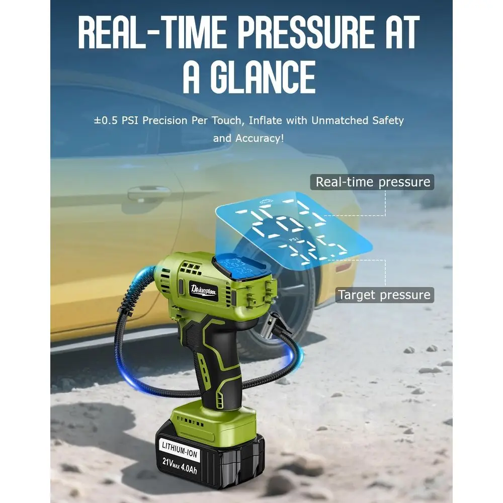 Inflador de neumáticos inalámbrico portátil de 150PSI con 2 baterías de 21 V, doble potencia, luz LED