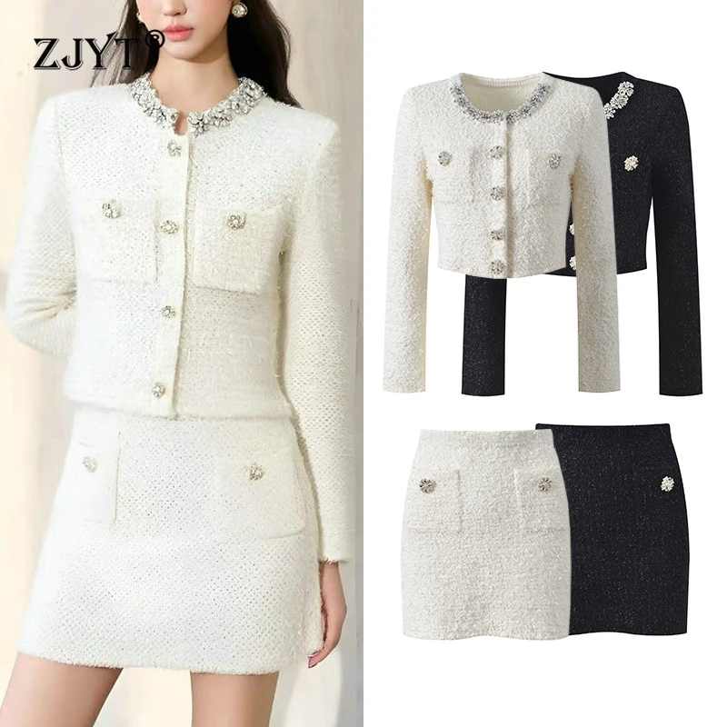 

ZJYT Зимний элегантный роскошный кардиган с бриллиантами, топ и юбка, костюм, комплект одежды из 2 предметов, женский белый, черный праздничный наряд, женские костюмы