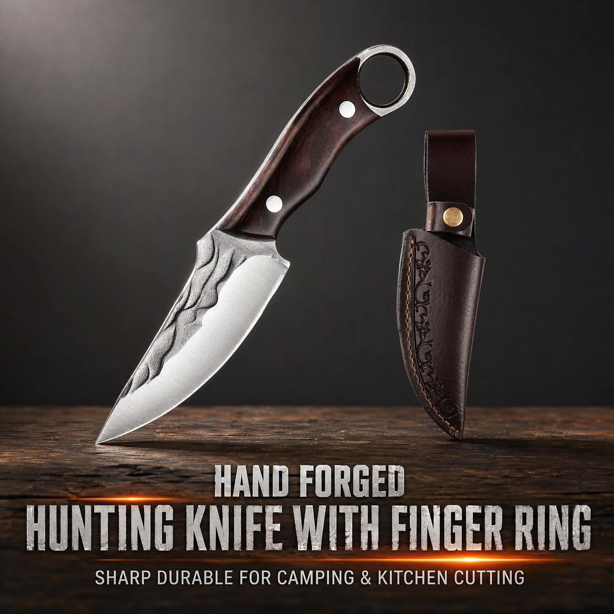 Outdoor stainless steel fixed-blade hunting knife with finger ring design, ergonomic wooden handle, and engraved leather sheath