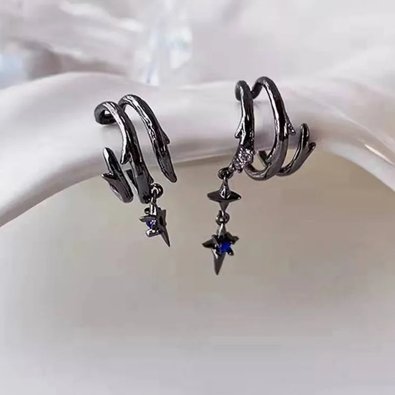 Fake Piercing Asymmetry Ear Cuff For Women Retro Punk Goth Black Gold Color Blue Zircon Hanging Earbone Clip Earrings  EF186-1