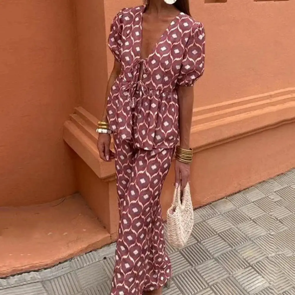 Lady Loose Pants Set Chic Women's V-neck Cardigan Set Printed Short Sleeve Top Wide Leg Pants for Daily Wear Commute Outfit