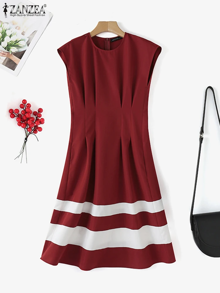 ZANZEA Women Pleating Midi Dress Casual Colorblock Solid Sundress Holiday Cap Sleeve Waisted Robe 2024 Summer Round Neck Dresses