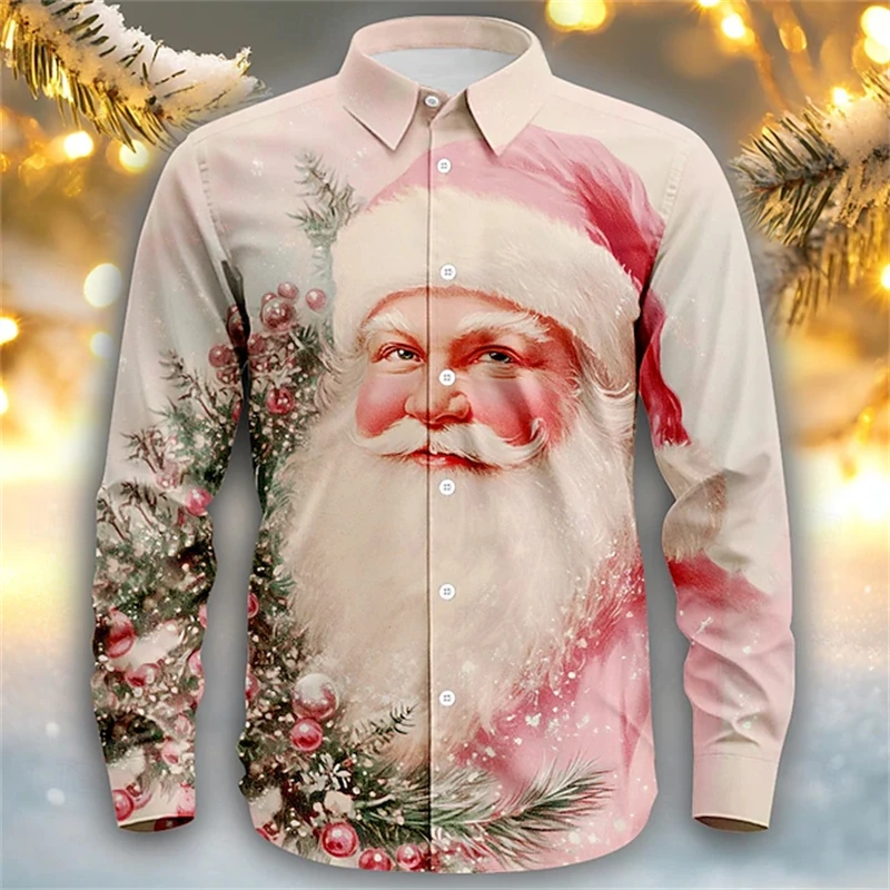 2024 Christmas Theme 3D Printed Men's Long Sleeve Shirt New Year Streetwear Fashion Santa Claus Shirt Lapel Party Costume 5XL