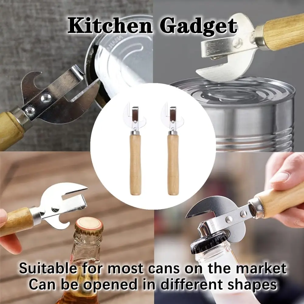 Can Opener, Multi-Functional Bottle Opener, Stainless Steel Wooden Handle Can Opener, Suitable for Cans, Screwdrivers, Evaporated Milk Cans, Beer