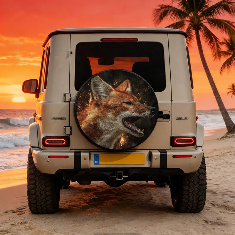 Flame Red Fox Pattern Car Spare Tire Cover, Made Of Polyester Fiber, Compatible With Universal Models, Showcasing A Wild Aesthet
