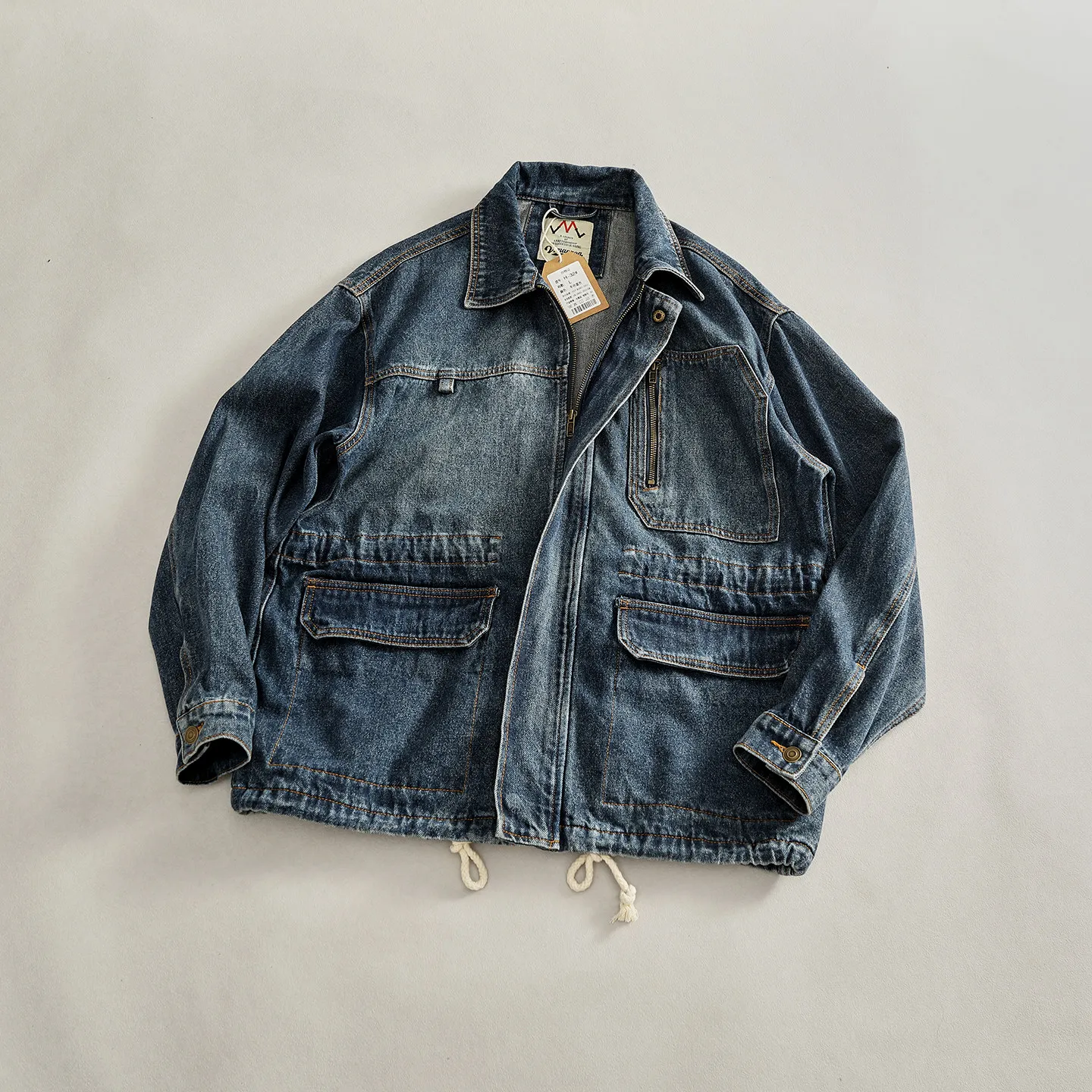 Heavy washed denim jacket men's retro workwear multi-pocket hem drawstring waist loose lapel jacket windbreaker