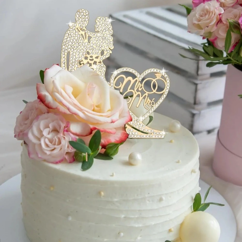 Hochzeitstorte Topper Kristall Strass Metall Mr und Mrs Kuchen Topper Hochzeit Braut und Bräutigam Brautparty Party – Detail 3