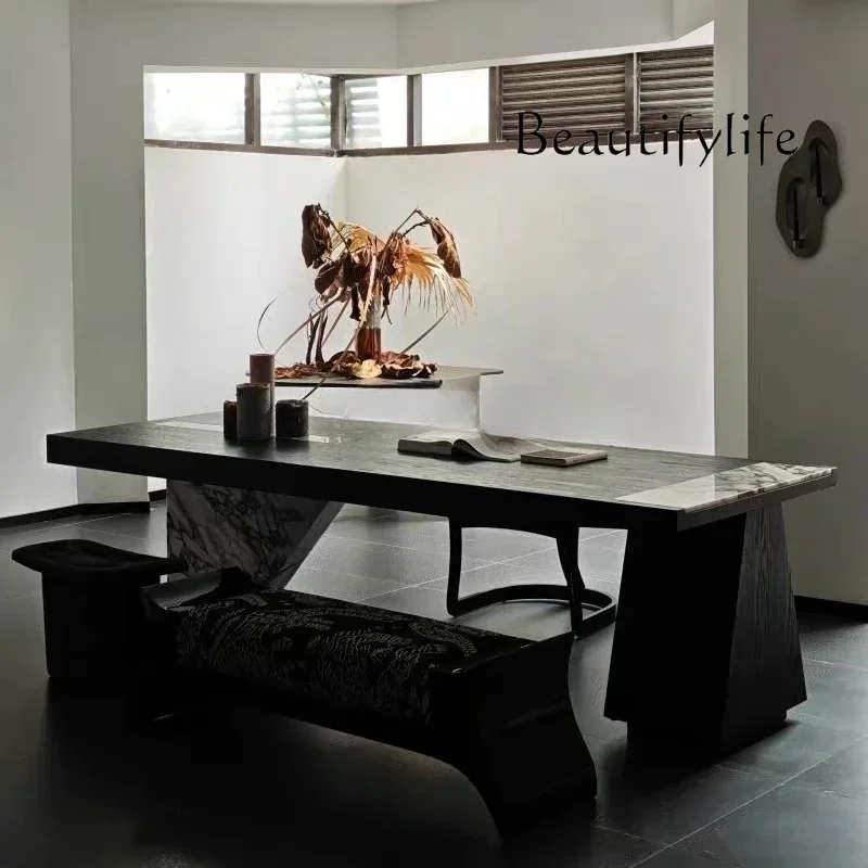 

09minimalist solid wood tea table simple marble tea table black flower rock slab tea table