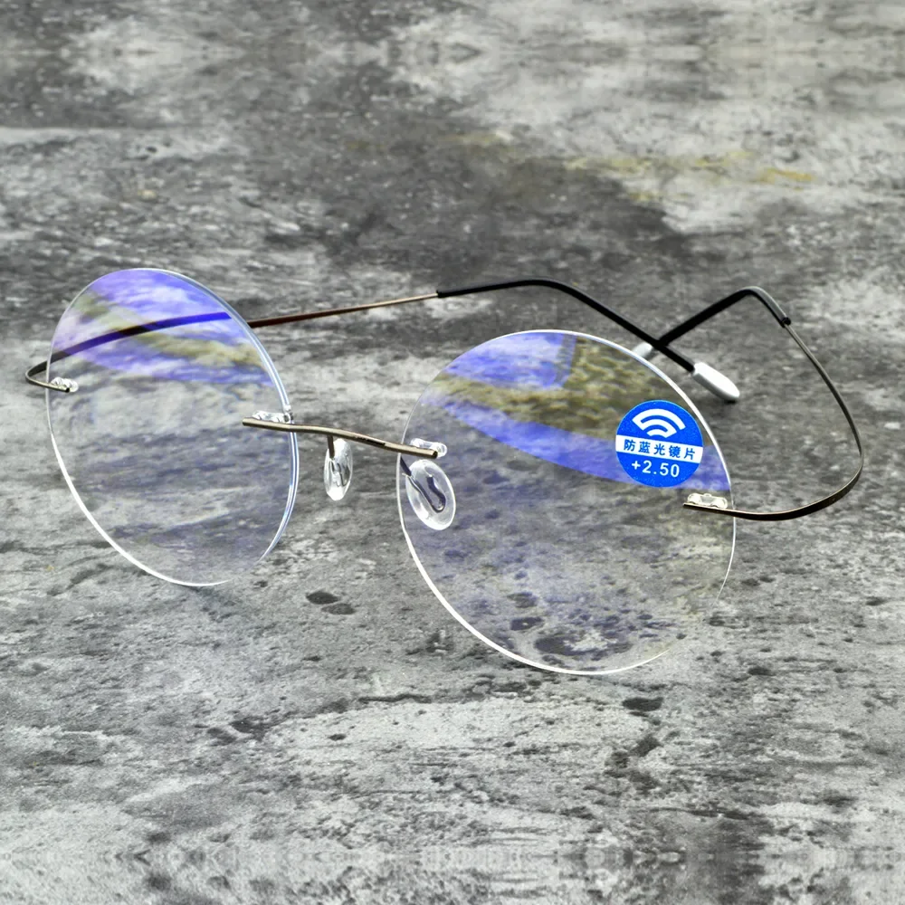 

Men Women Blue Light Blocking Ultralight Rimless Round Portable Frameless Reading Glasses +0.75 +1 +1.25 +1.5 +1.75 To +4